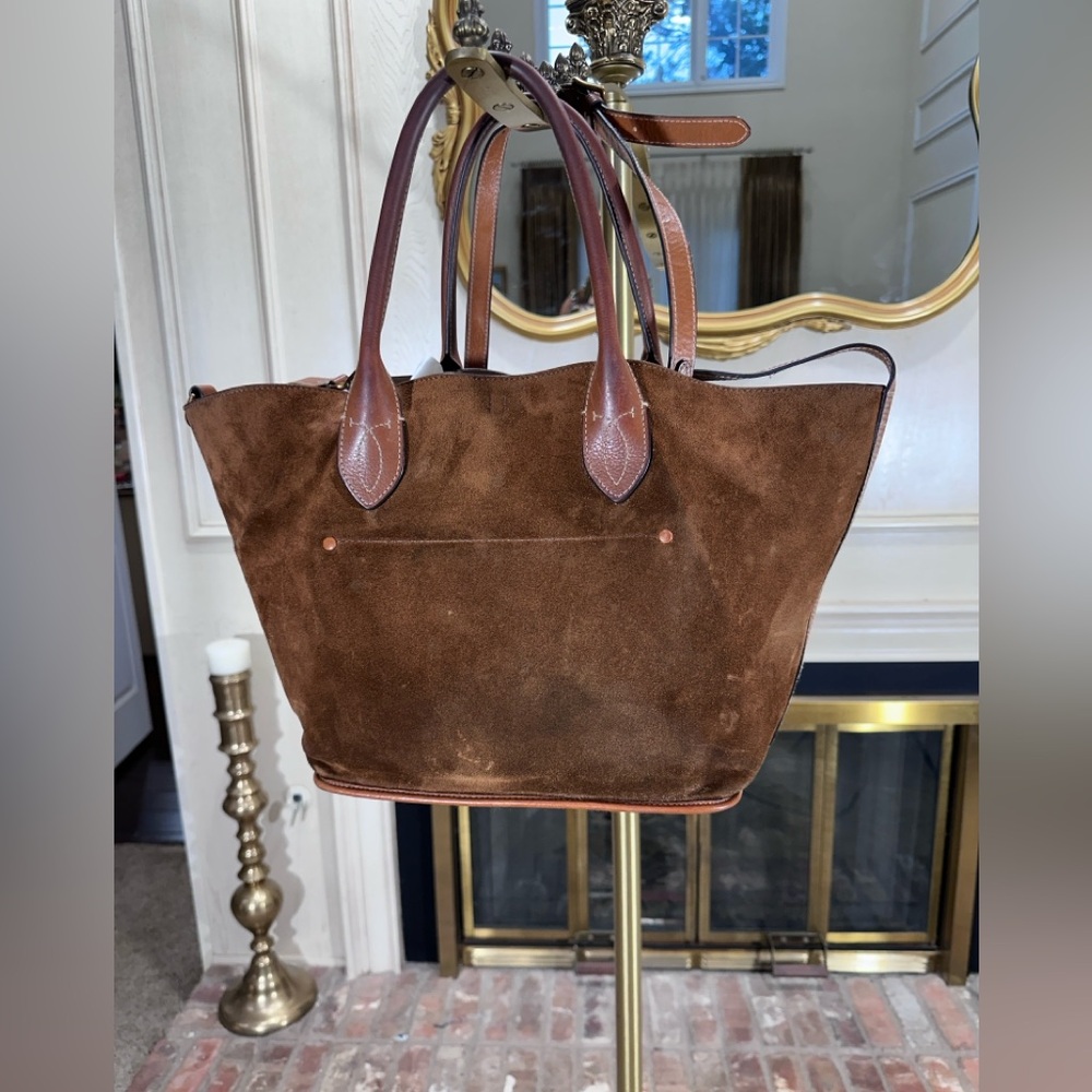 Polo Ralph Lauren Bellport Suede Leather Medium Tote Bag Brown Adjustable Strap - Picture 2 of 16